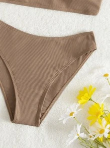 SHEIN Conjunto de bikini de punto acanalado liso para adolescentes traje de baño para playa de verano - Caqui - Ver 4