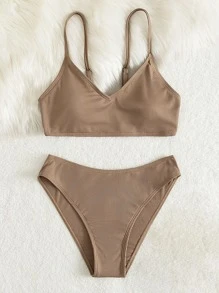 SHEIN Conjunto de bikini de punto acanalado liso para adolescentes traje de baño para playa de verano - Caqui - Ver 5