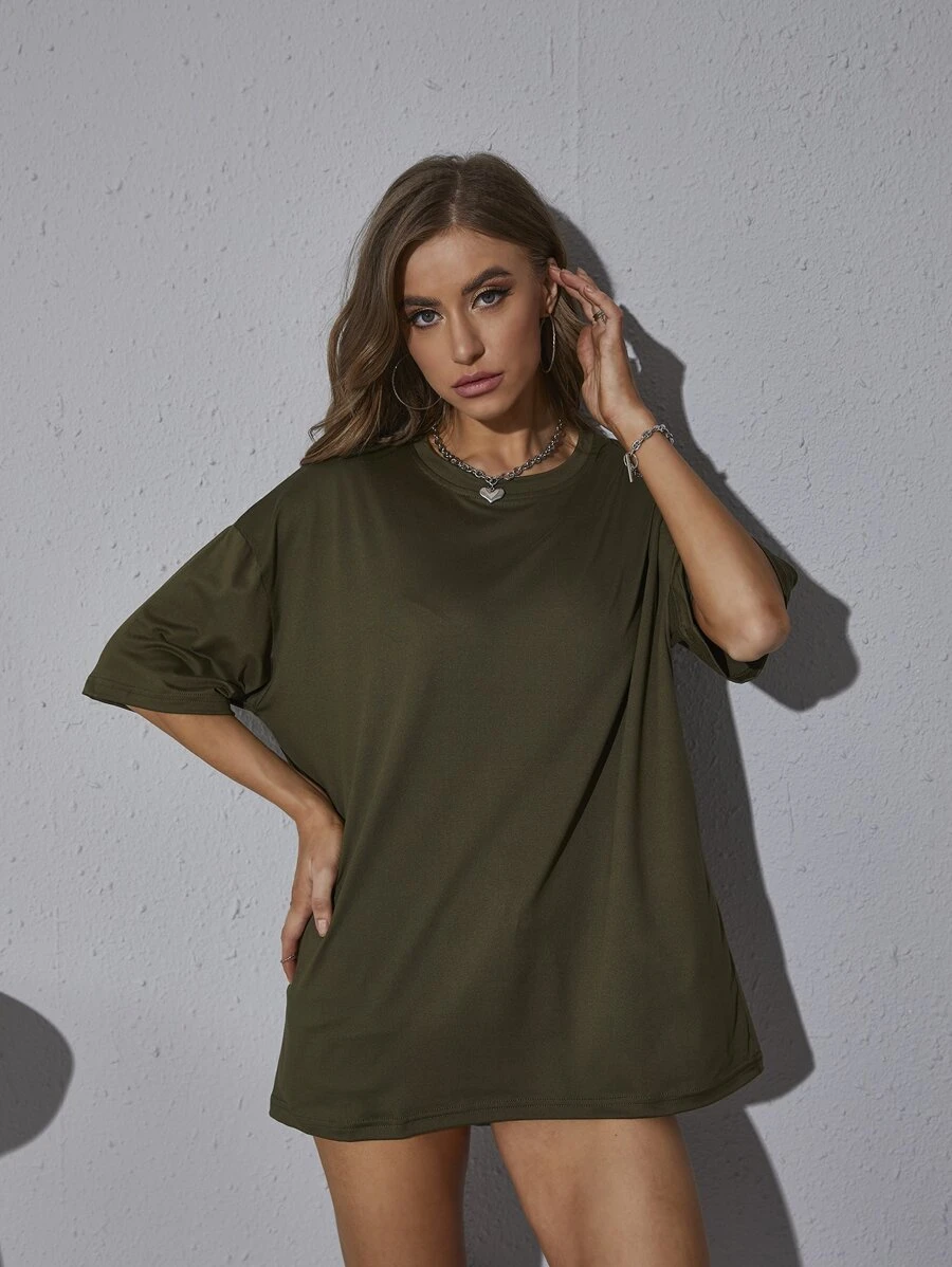 SHEIN EZwear Áo thun nữ màu trơn Giải trí - xanh quân đội - Xem 1