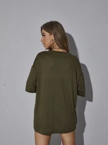 SHEIN EZwear Áo thun nữ màu trơn Giải trí - xanh quân đội - Xem 2