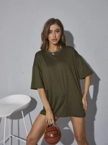 SHEIN EZwear Áo thun nữ màu trơn Giải trí - xanh quân đội - Xem 3