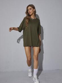 SHEIN EZwear Áo thun nữ màu trơn Giải trí - xanh quân đội - Xem 4