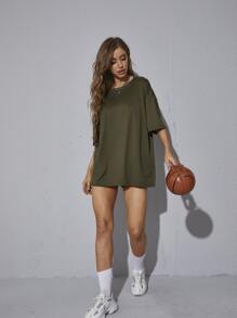 SHEIN EZwear Áo thun nữ màu trơn Giải trí - xanh quân đội - Xem 5