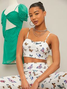 SHEIN Butterfly Print Bustier Cami Top & Flare Leg Pants - Multicolor - View 3