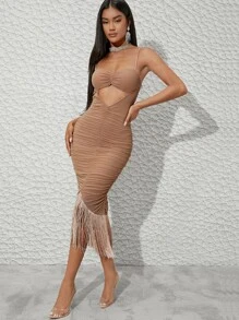 Ruched Cutout Front Fringe Hem Mesh Overlay Dress - Apricot - View 1