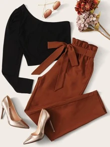 SHEIN Essnce Top mit einer Schulter frei & Hose mit Papiertasche-Taille, Gürtel