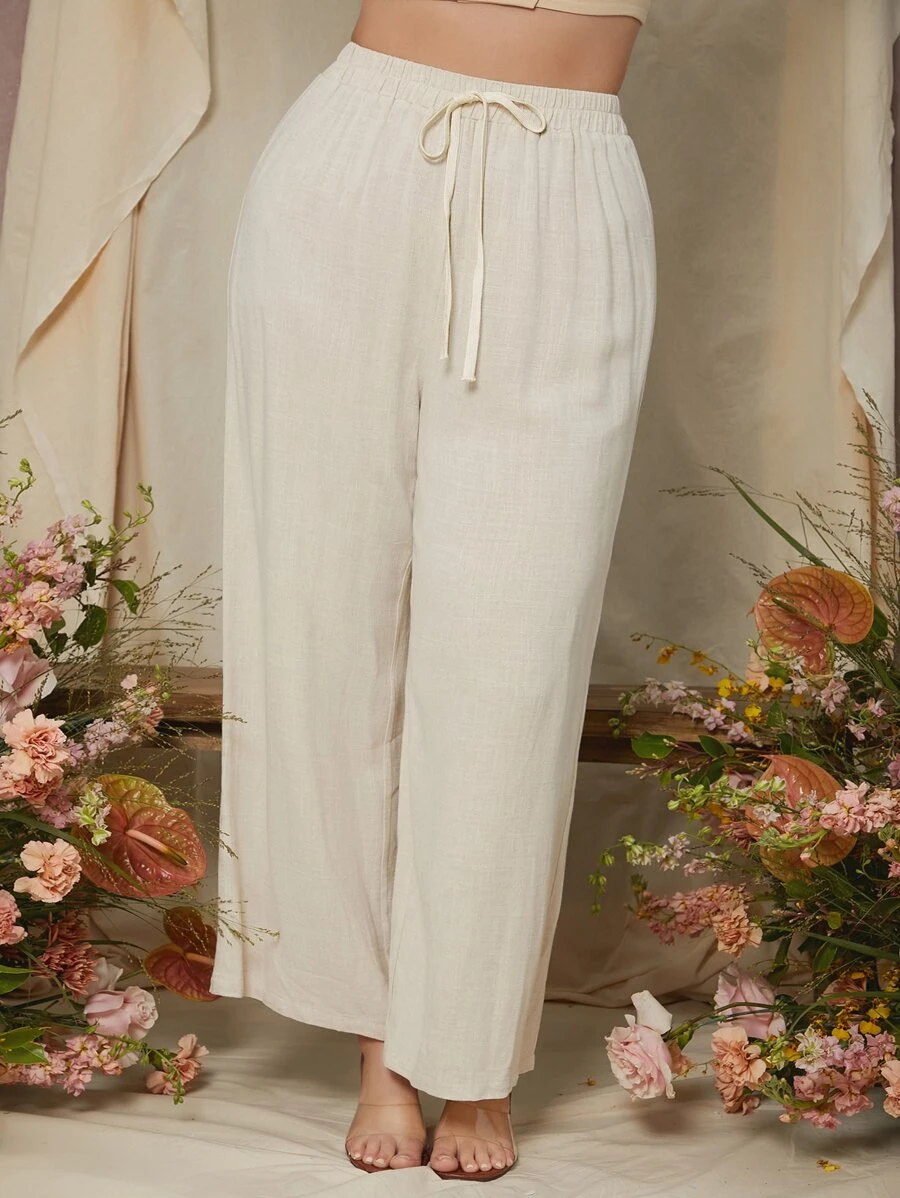 SHEIN VCAY Plus Knot Waist Wide Leg Trousers - Beige - View 1
