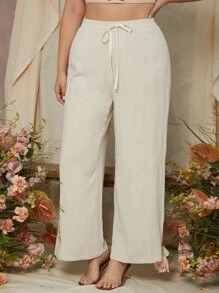 SHEIN VCAY Plus Knot Waist Wide Leg Trousers - Beige - View 4