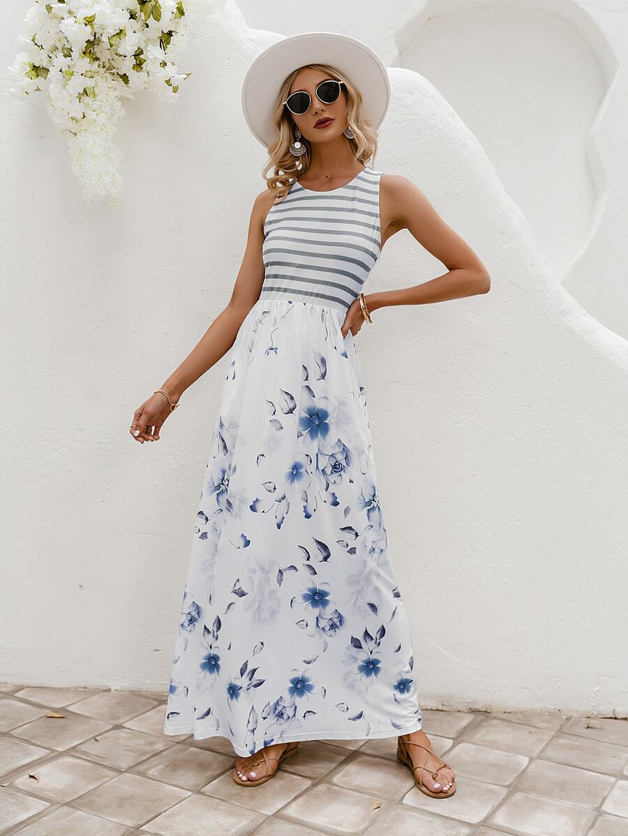 Simplee Vestido de rayas con estampado floral - Multicolor - Ver 1