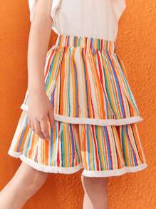 SHEIN Girls Block Striped Raw Trim Layered Hem Skirt - Multicolor - View 5