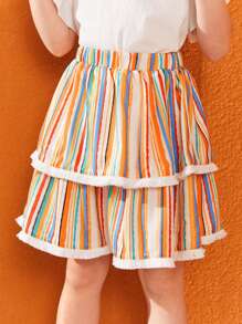 SHEIN Girls Block Striped Raw Trim Layered Hem Skirt - Multicolor - View 6
