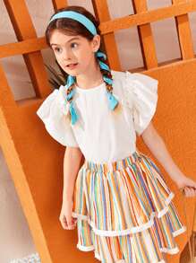 SHEIN Girls Block Striped Raw Trim Layered Hem Skirt - Multicolor - View 7