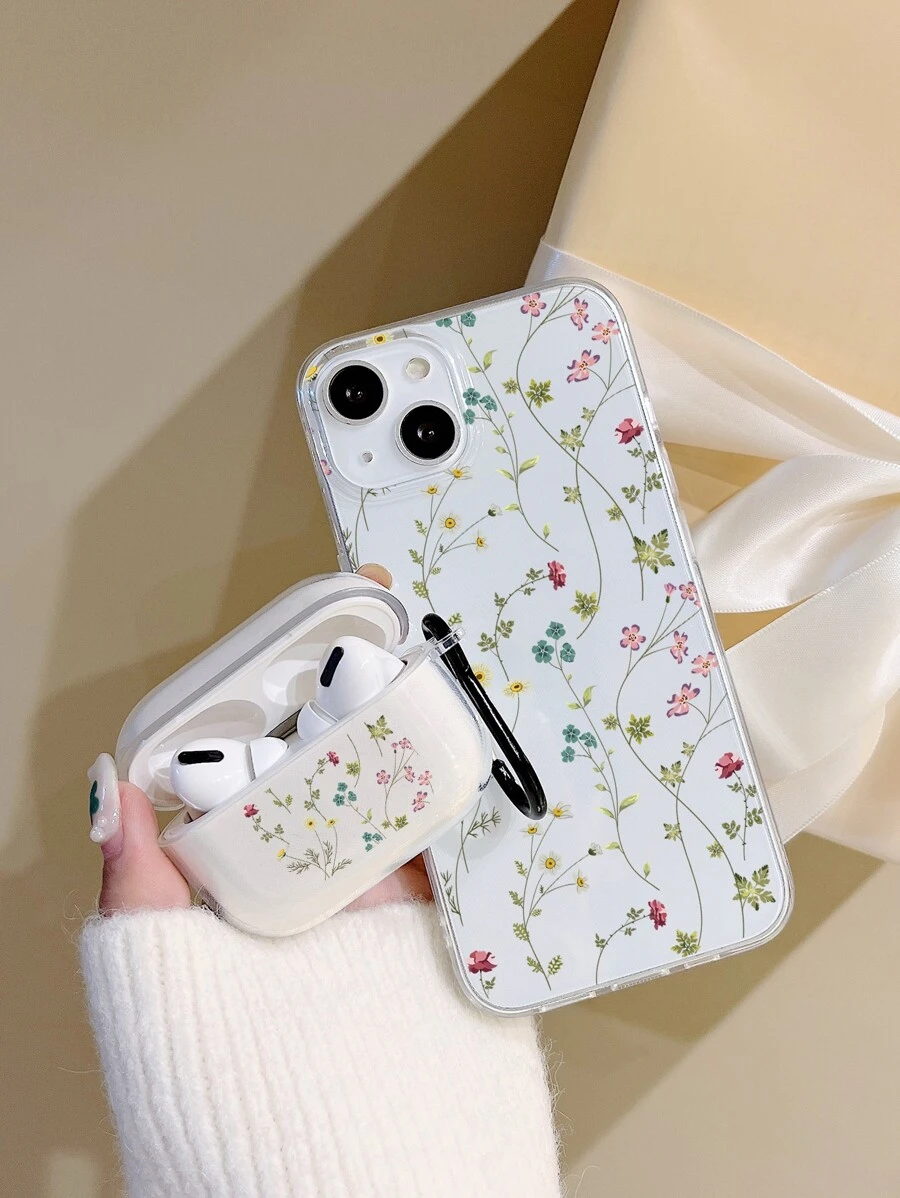 夏日花卉1入組小碎花透明手機殼和1入兼容Airpods Pro的殼套，兼容iPhone15/15Plus/15Pro/15Promax - 彩色 - 查看 1