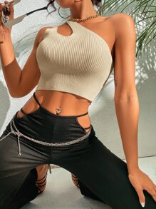 Zolique 鏤空單肩針織上衣 - 杏色 - 查看 3