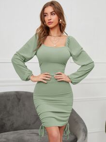 SHEIN Privé Lantern Sleeve Drawstring Side Square Neck Bodycon Dress - Mint Green - View 3