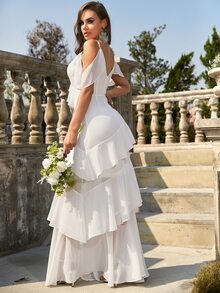 YISIKADO Vestido de fiesta de hombros descubiertos a capas ribete con fruncido de gasa - Blanco - Ver 2