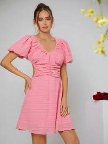 SHEIN VCAY Ruched Front Shirred Puff Sleeve Cut Out Waist Dress - Pink - View 3