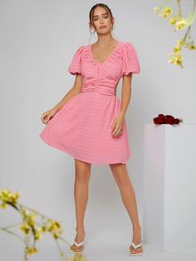 SHEIN VCAY Ruched Front Shirred Puff Sleeve Cut Out Waist Dress - Pink - View 5