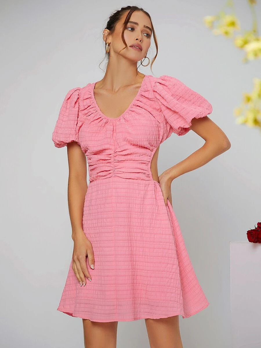 SHEIN VCAY Ruched Front Shirred Puff Sleeve Cut Out Waist Dress - Pink - View 1
