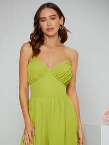 SHEIN 胸部褶皺闊腿吊帶連體褲 - 青檸色 - 查看 4