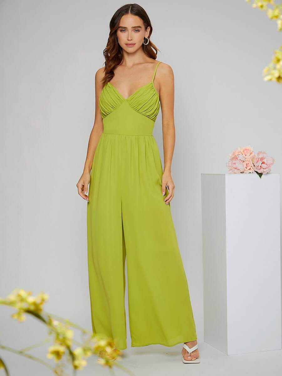 SHEIN 胸部褶皺闊腿吊帶連體褲 - 青檸色 - 查看 1