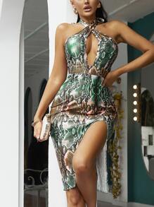 蛇紋十字交叉後背繫帶高衩洋裝 - 彩色 - 查看 1