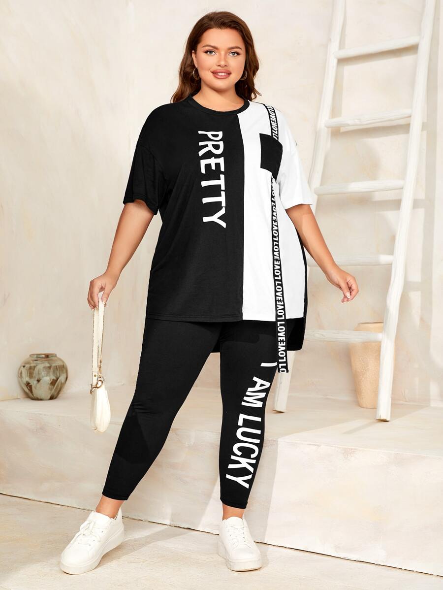 Mulvari Plus Letter Graphic High Low Tee & Leggings Set 2 Piece Set, Summer - Black and White - View 1