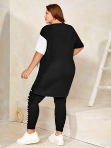 Mulvari Plus Letter Graphic High Low Tee & Leggings Set 2 Piece Set, Summer - Black and White - View 2