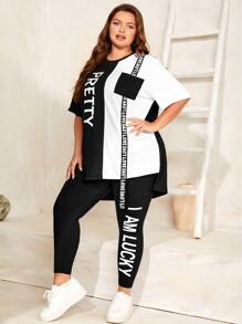 Mulvari Plus Letter Graphic High Low Tee & Leggings Set 2 Piece Set, Summer - Black and White - View 5