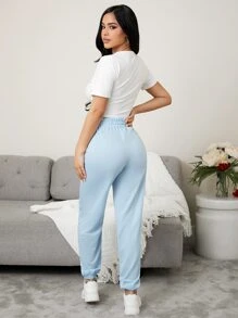 Button Front Top & Tie Waist Trousers Lounge Set - Blue and White - View 2