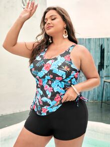 Plus Size Plant Print Shorts Tankini Summer Beach - Black - View 3