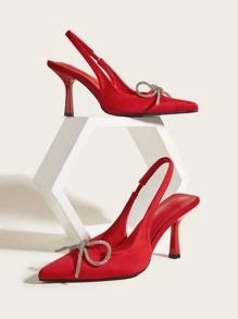 Rhinestone Bow Decor Point Toe Sculptural Heeled Slingback Pumps Valentines - Red - View 1