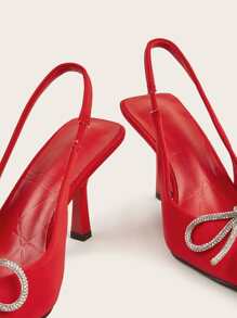 Rhinestone Bow Decor Point Toe Sculptural Heeled Slingback Pumps Valentines - Red - View 4