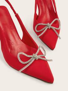 Rhinestone Bow Decor Point Toe Sculptural Heeled Slingback Pumps Valentines - Red - View 5