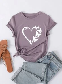 SHEIN Essnce Áo thun nữ Tim Loại bướm Giải trí - Màu tím hoa cà - Xem 1