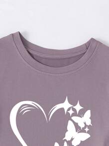 SHEIN Essnce Áo thun nữ Tim Loại bướm Giải trí - Màu tím hoa cà - Xem 4
