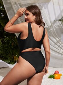 大碼鏤空前繫帶連體泳衣 - 黑色 - 查看 2