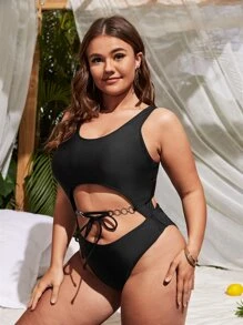 大碼鏤空前繫帶連體泳衣 - 黑色 - 查看 4