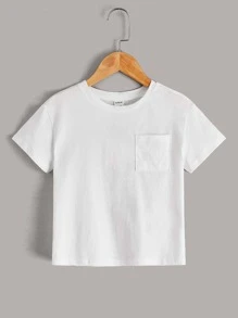 SHEIN Toddler Boys 100% Cotton Solid Pocket Front Tee - White - View 5