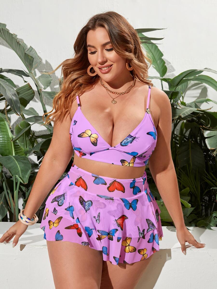 Plus Size Butterfly Print Bikini Set With Beach Skirt Summer Beach - Purple - View 1