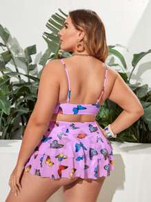 Plus Size Butterfly Print Bikini Set With Beach Skirt Summer Beach - Purple - View 2