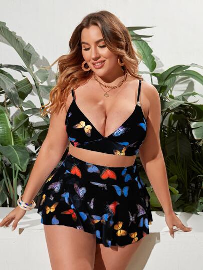 Ensemble bikini grande taille avec imprimé papillon et jupe de plage pour l'été à la plage