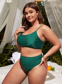 Tankini liso con talle grande y cubridor de muslos con abertura para playa de verano - Verde - Ver 3