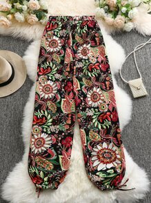SHEIN Unity Plus Allover Floral Print Knot Hem Trousers - Multicolor - View 1