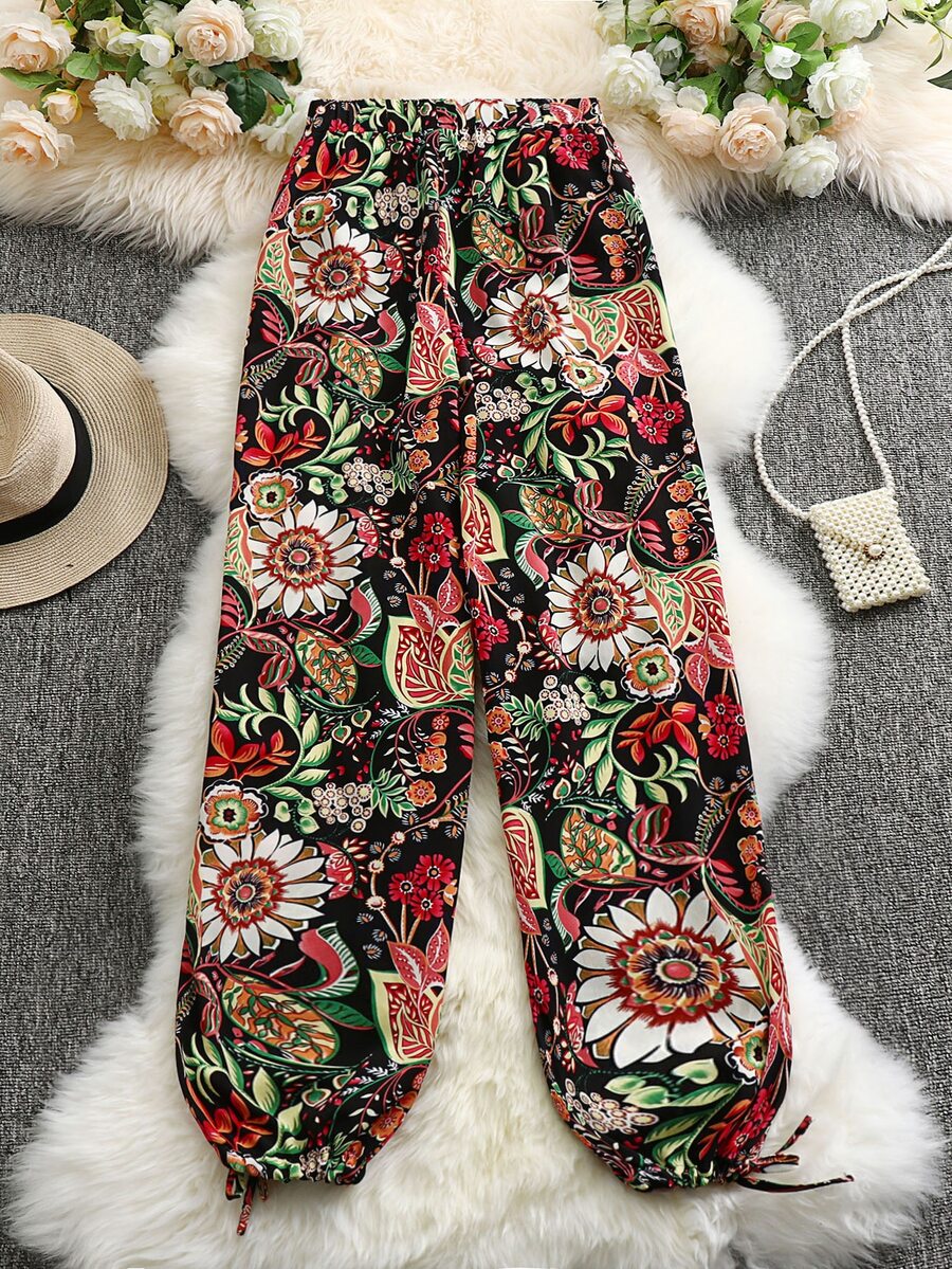 SHEIN Unity Plus Allover Floral Print Knot Hem Trousers - Multicolor - View 1