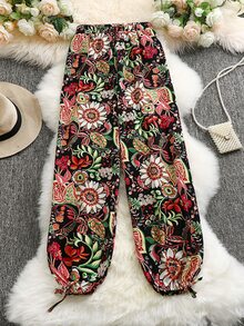 SHEIN Unity Plus Allover Floral Print Knot Hem Trousers - Multicolor - View 2
