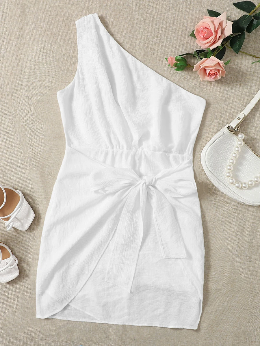 SHEIN One Shoulder Knot Front Wrap Dress - White - View 1