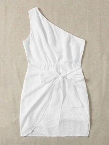 SHEIN One Shoulder Knot Front Wrap Dress - White - View 4