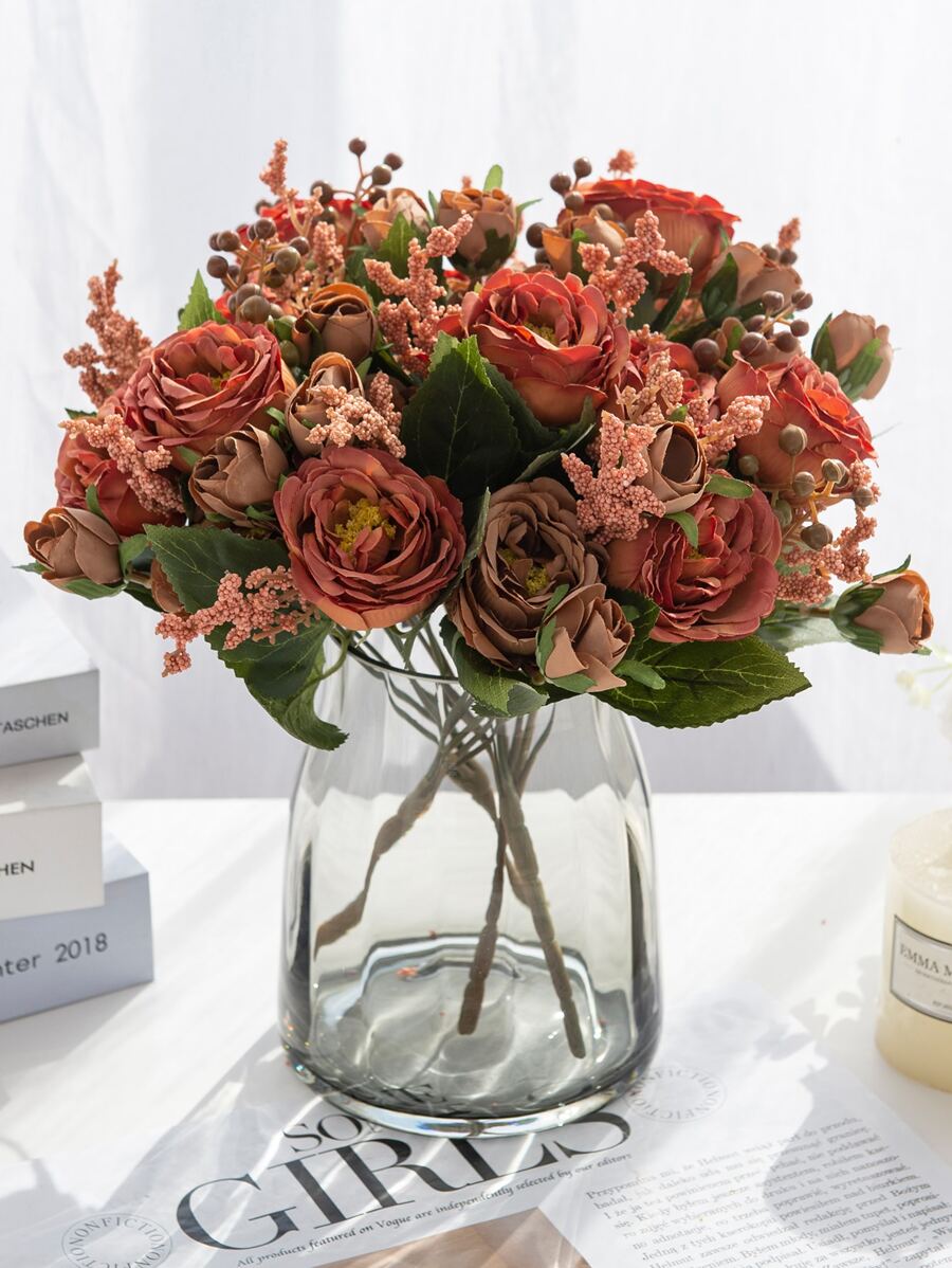 1個人工牡丹花束,玫瑰芽,情人節禮物,婚禮裝飾,新娘手腕花,花材料,diy花環材料,情人節禮物新年家居,臥室,客廳,花瓶配件假日生日派對裝飾,花材料 - 橘色 - 查看 1