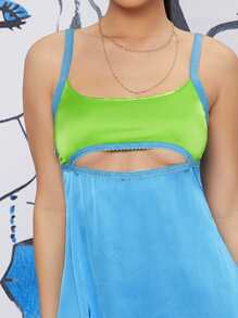 SHEIN 撞色鏤空緞面吊帶連衣裙 - 彩色 - 查看 4